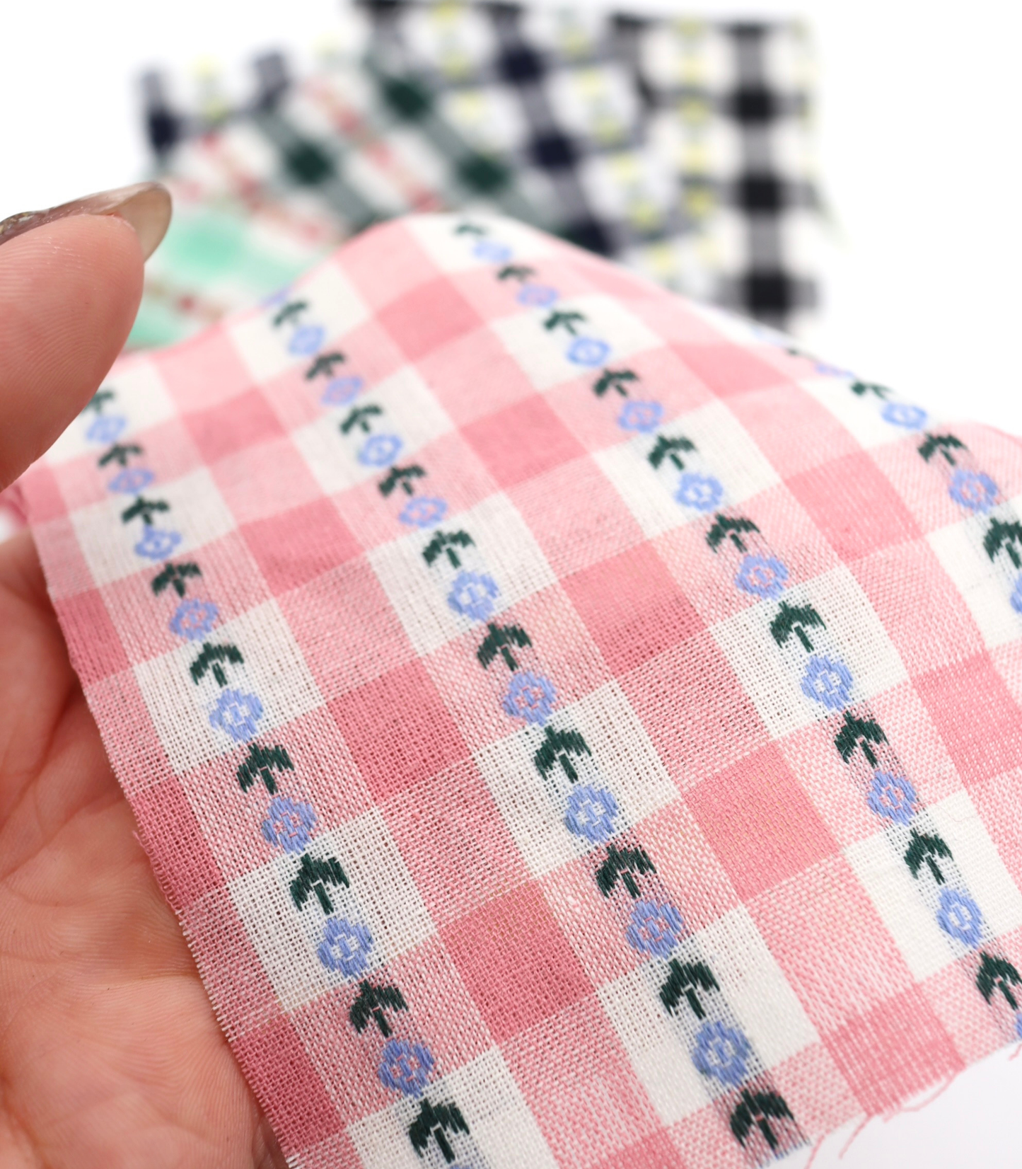 【25SS-318】ストライプ小花柄刺繍先染めギンガムチェック /0.5yあたり=~630円