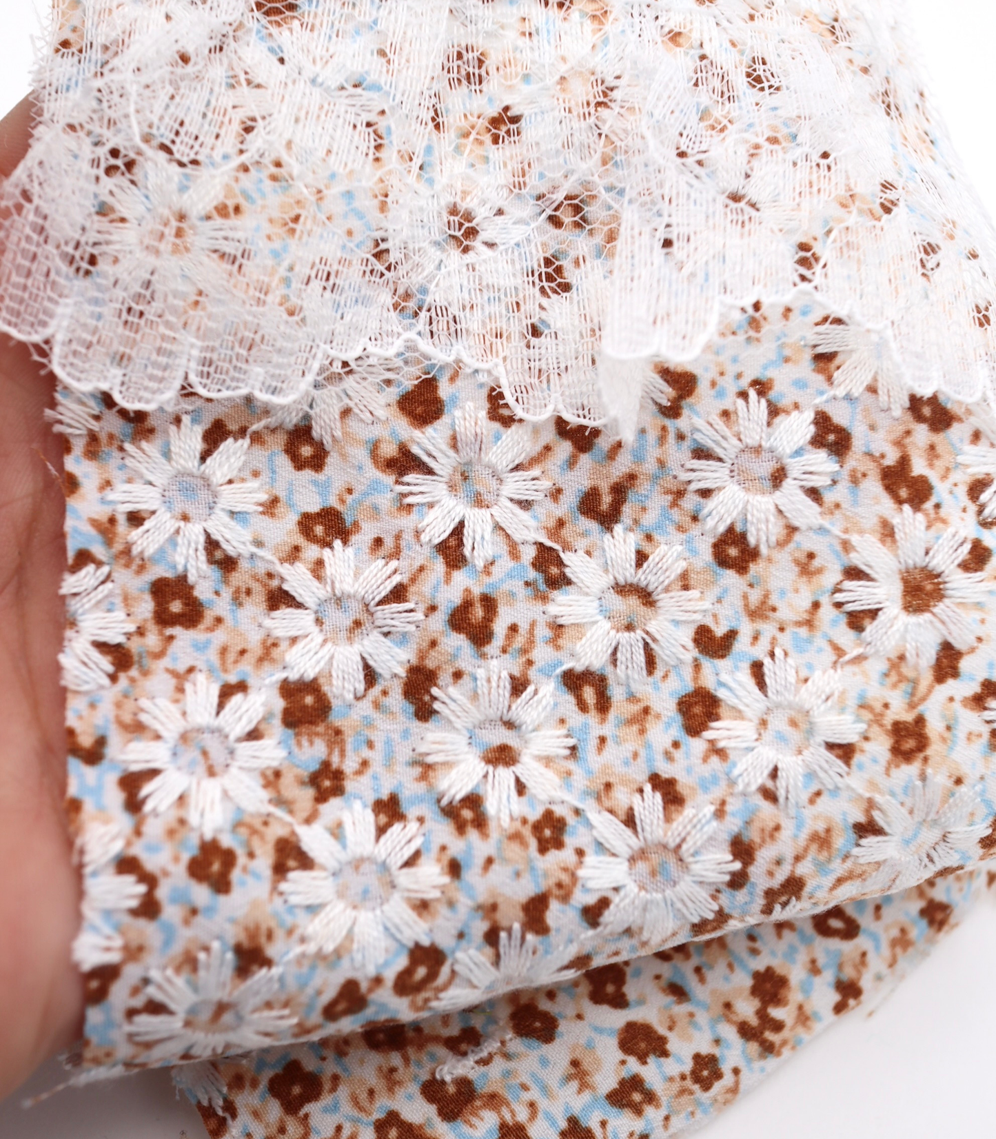 【25SS-316】レーステープたたきつけ刺繍入り小花柄プリントデシン /0.5yあたり=~ 1310円