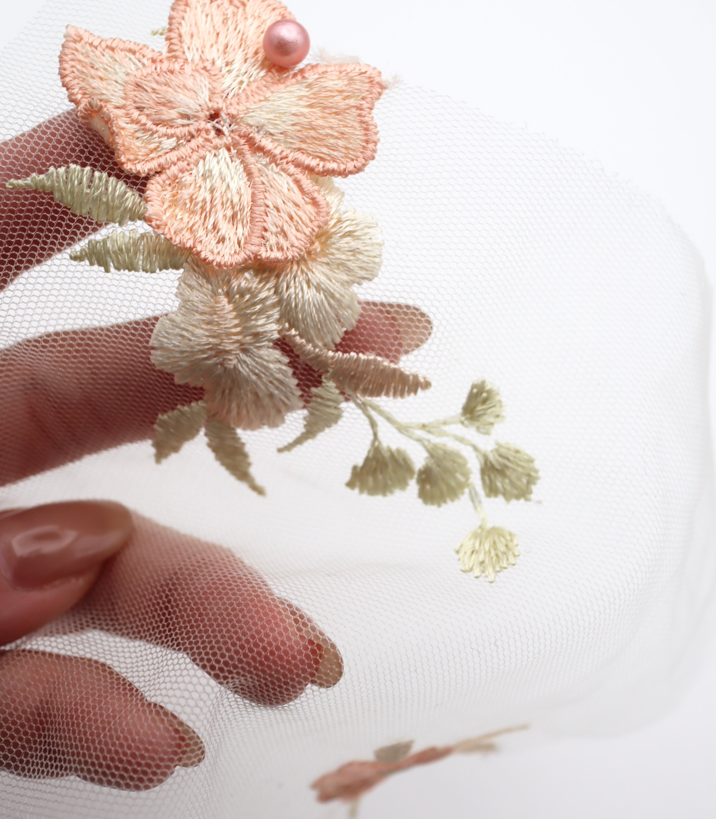 【25SS-393】立体フラワー×パールビーズ付きスカラップ刺繍チュールレース /0.5yあたり=~ 2540円