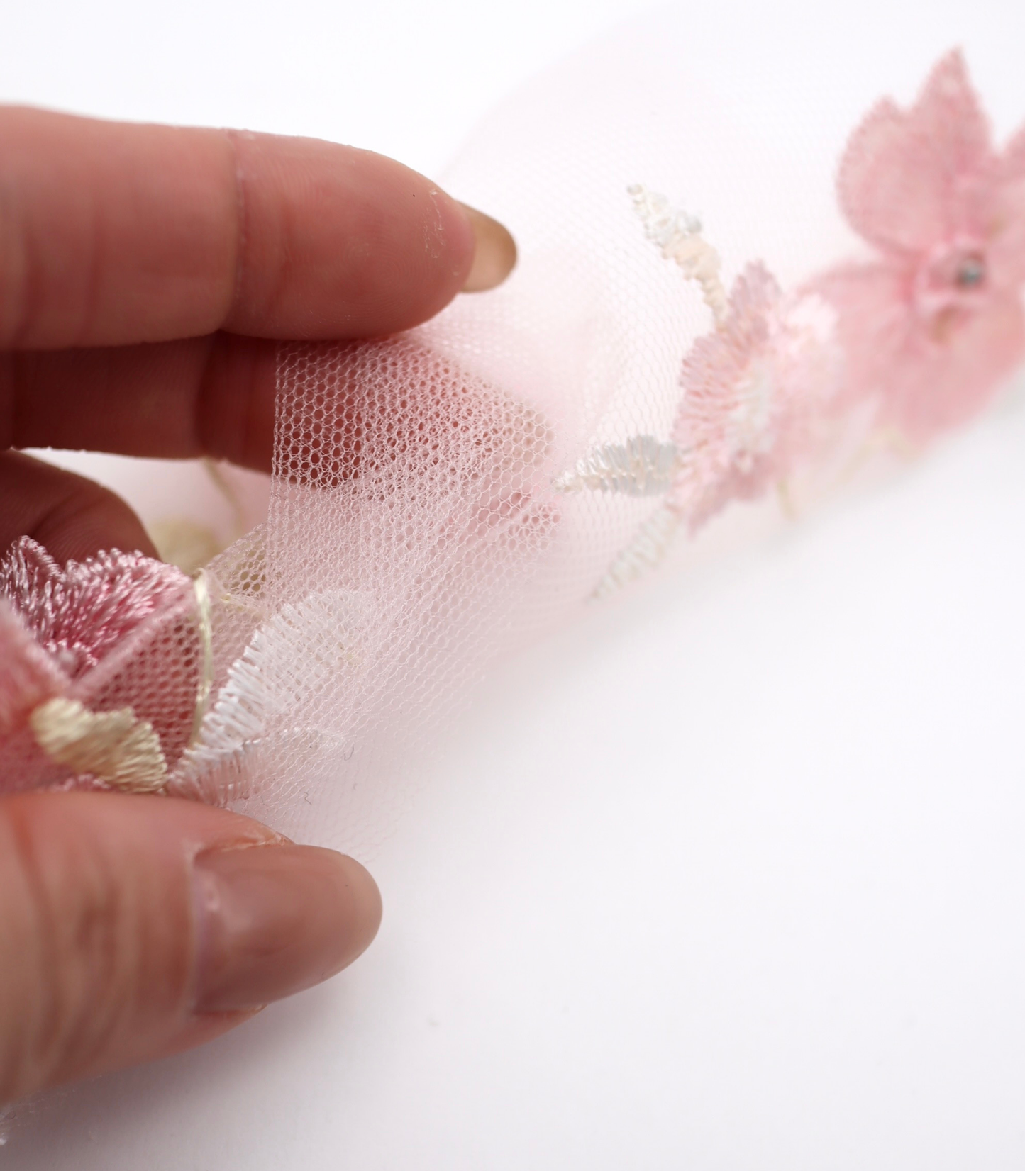 【25SS-393】立体フラワー×パールビーズ付きスカラップ刺繍チュールレース /0.5yあたり=~ 2540円