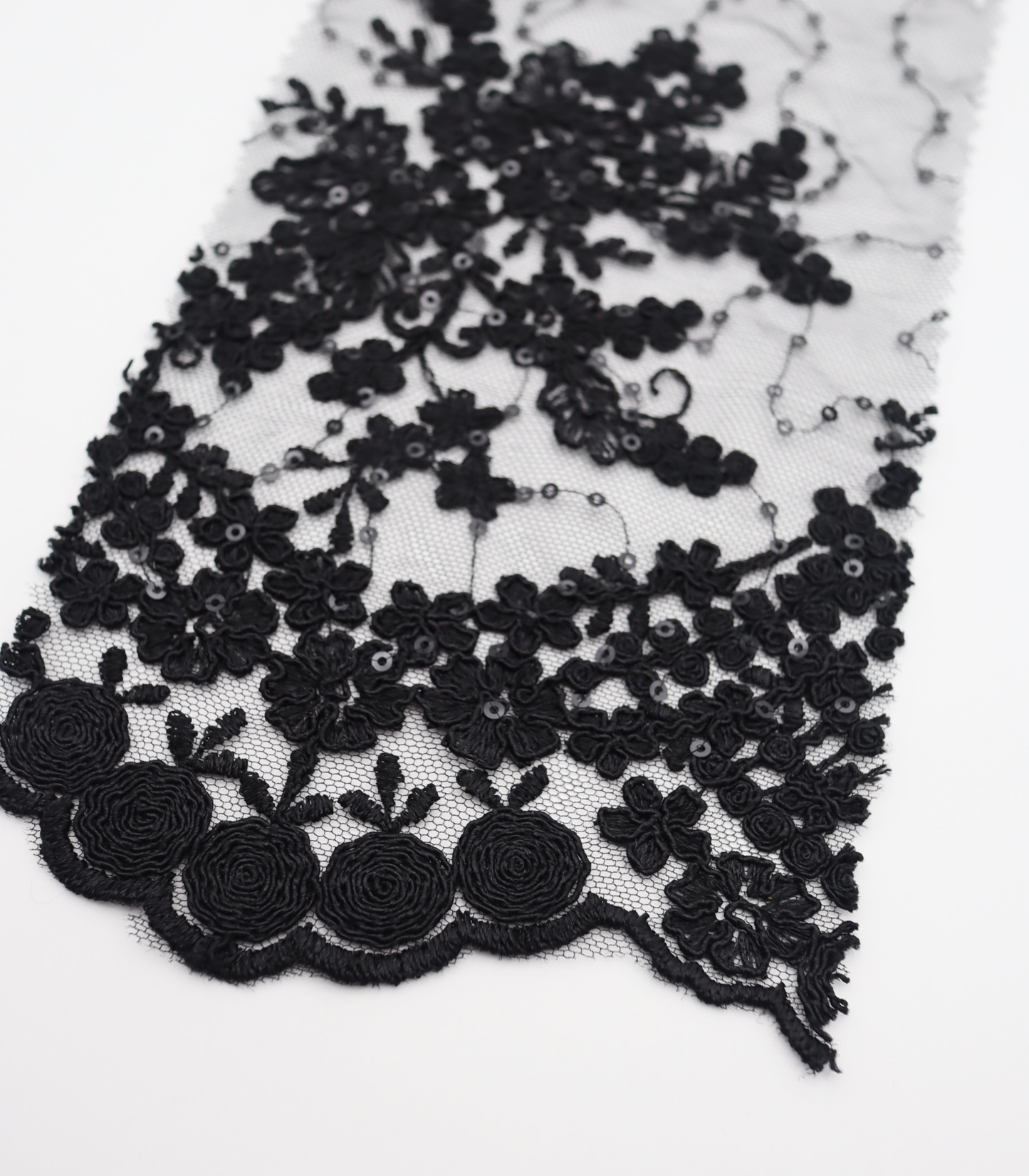 【25SS-389】スパンコール×フラワー刺繍スカラップ付きチュールレース /0.5yあたり=~1645円