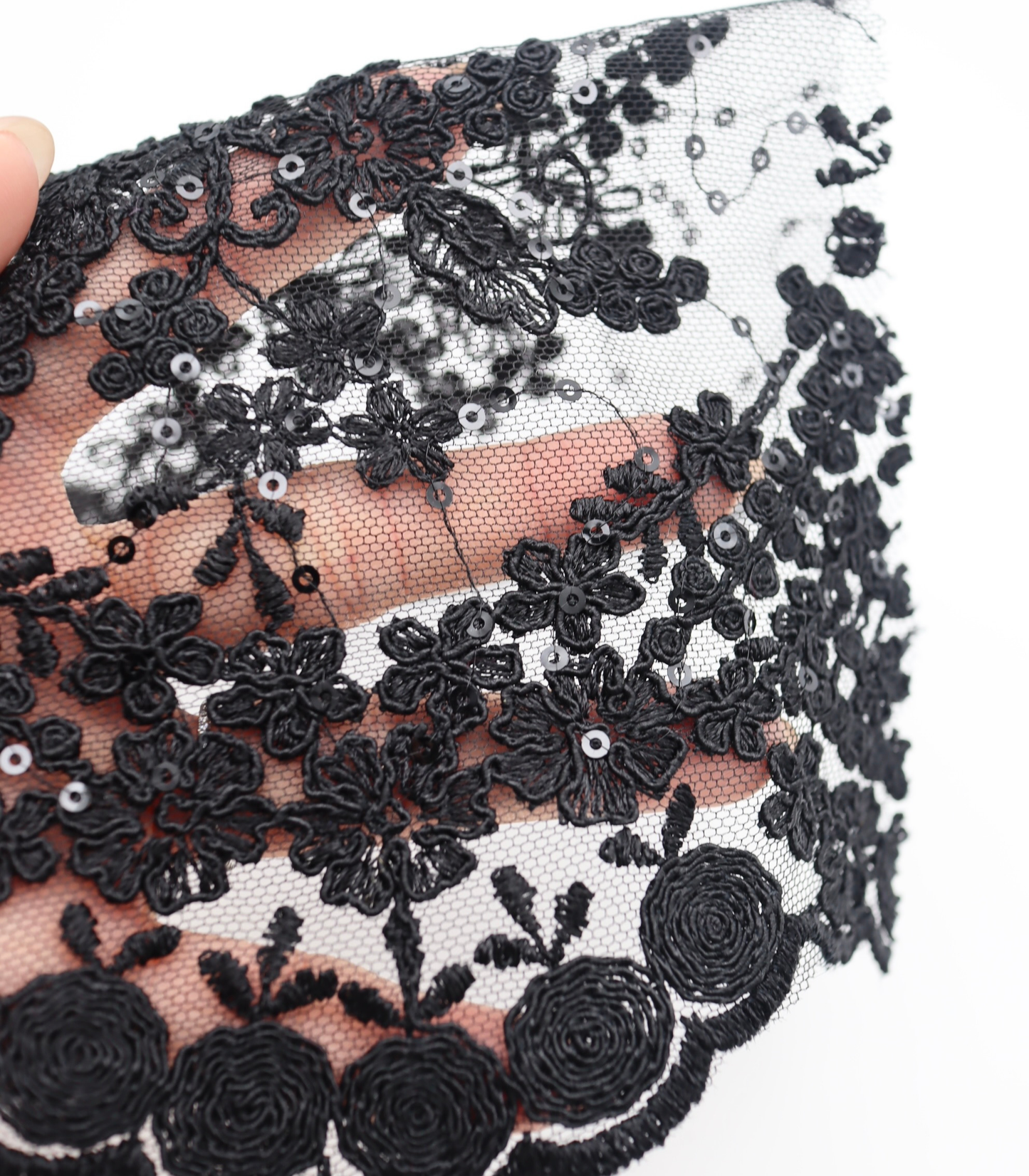【25SS-389】スパンコール×フラワー刺繍スカラップ付きチュールレース /0.5yあたり=~1645円