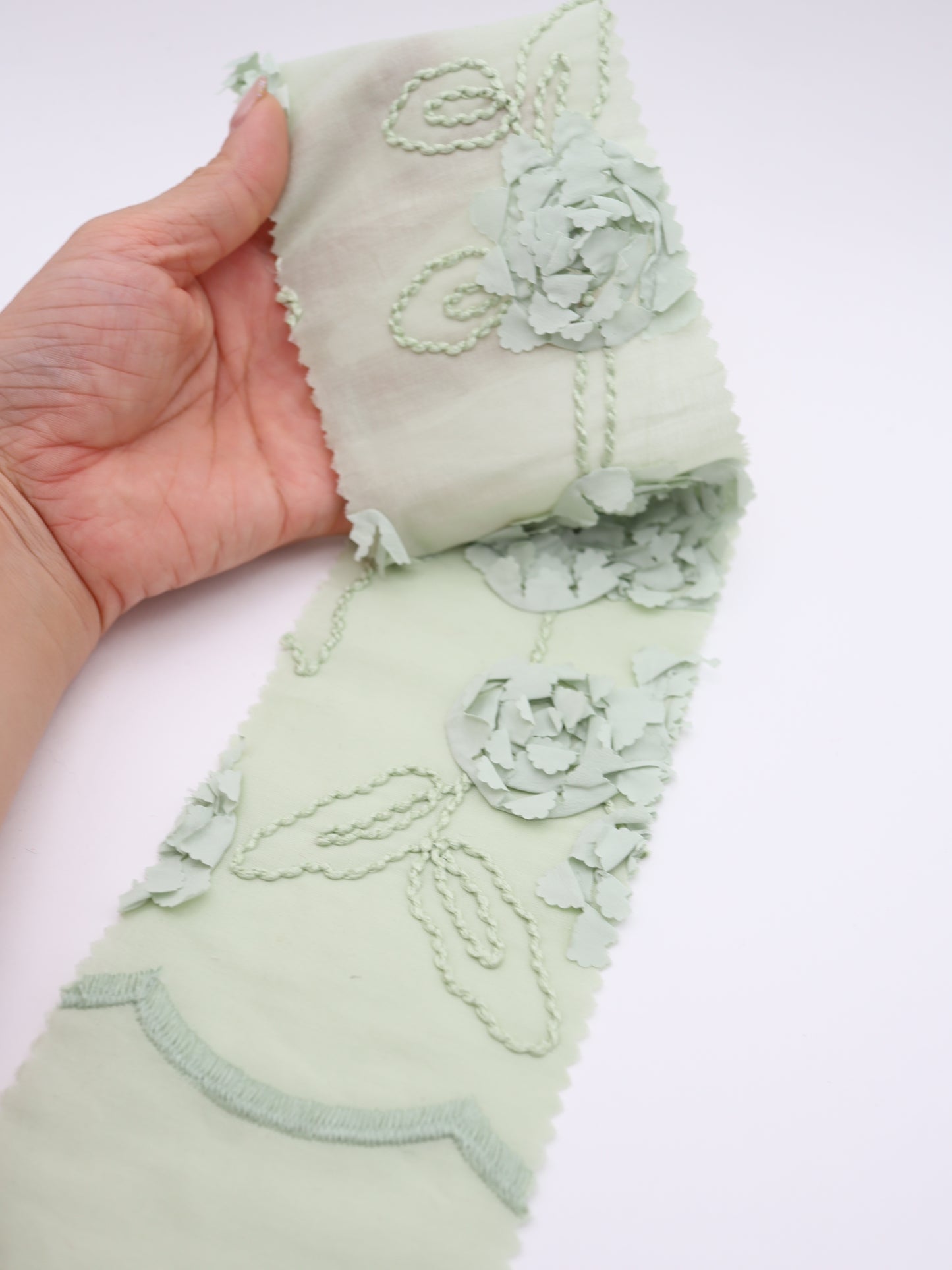 【25AW-019】スカラップ付き立体フラワー刺繍綿ローン /0.5yあたり=~1190円