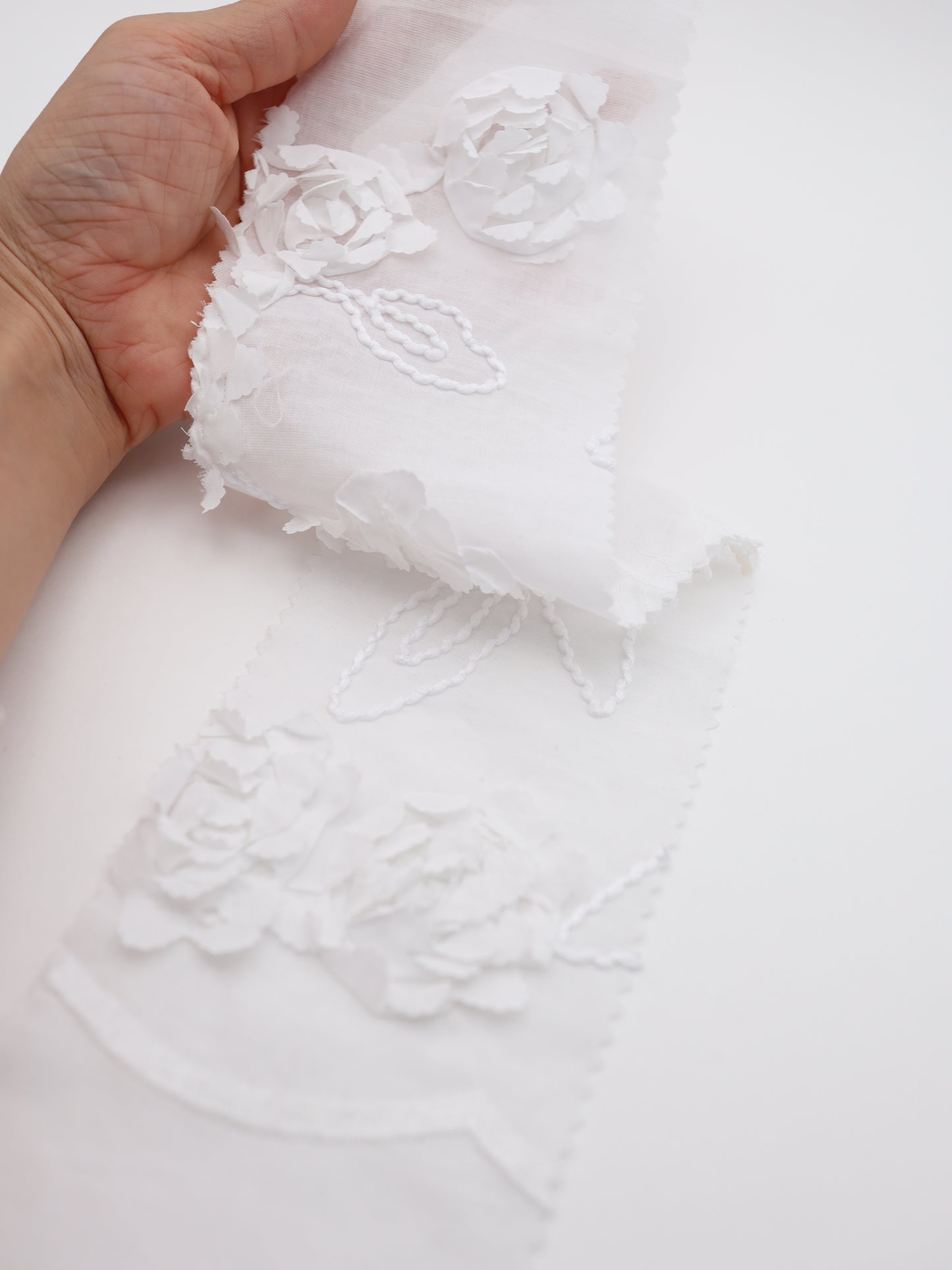 【25AW-019】スカラップ付き立体フラワー刺繍綿ローン /0.5yあたり=~1190円