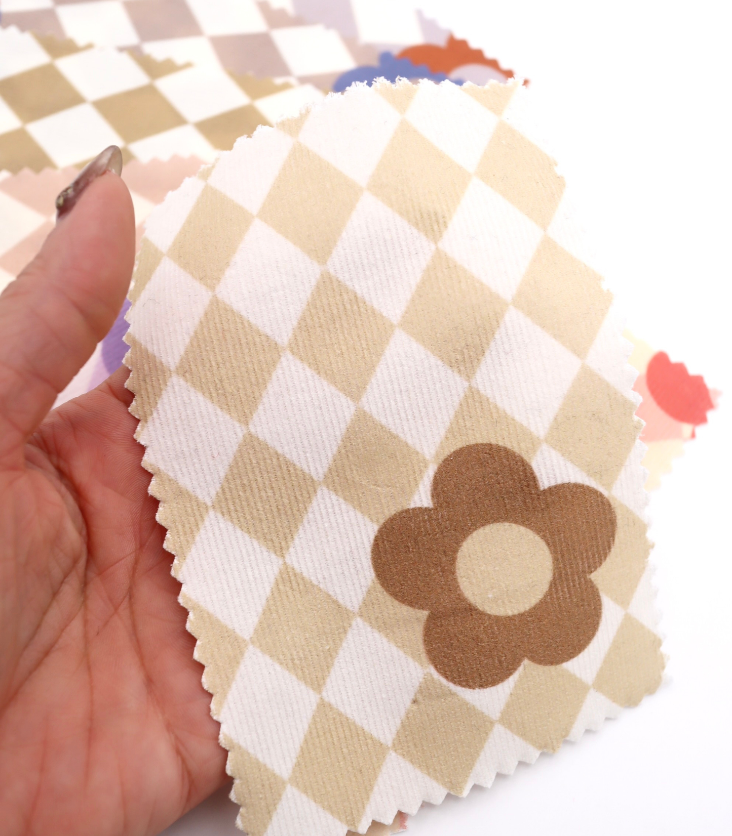 レトロフラワー×ダイヤチェックプリントコーデュロイ　韓国生地　東大門市場生地