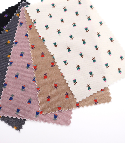 小花柄プリントコーデュロイ　韓国生地　東大門市場生地　細コール