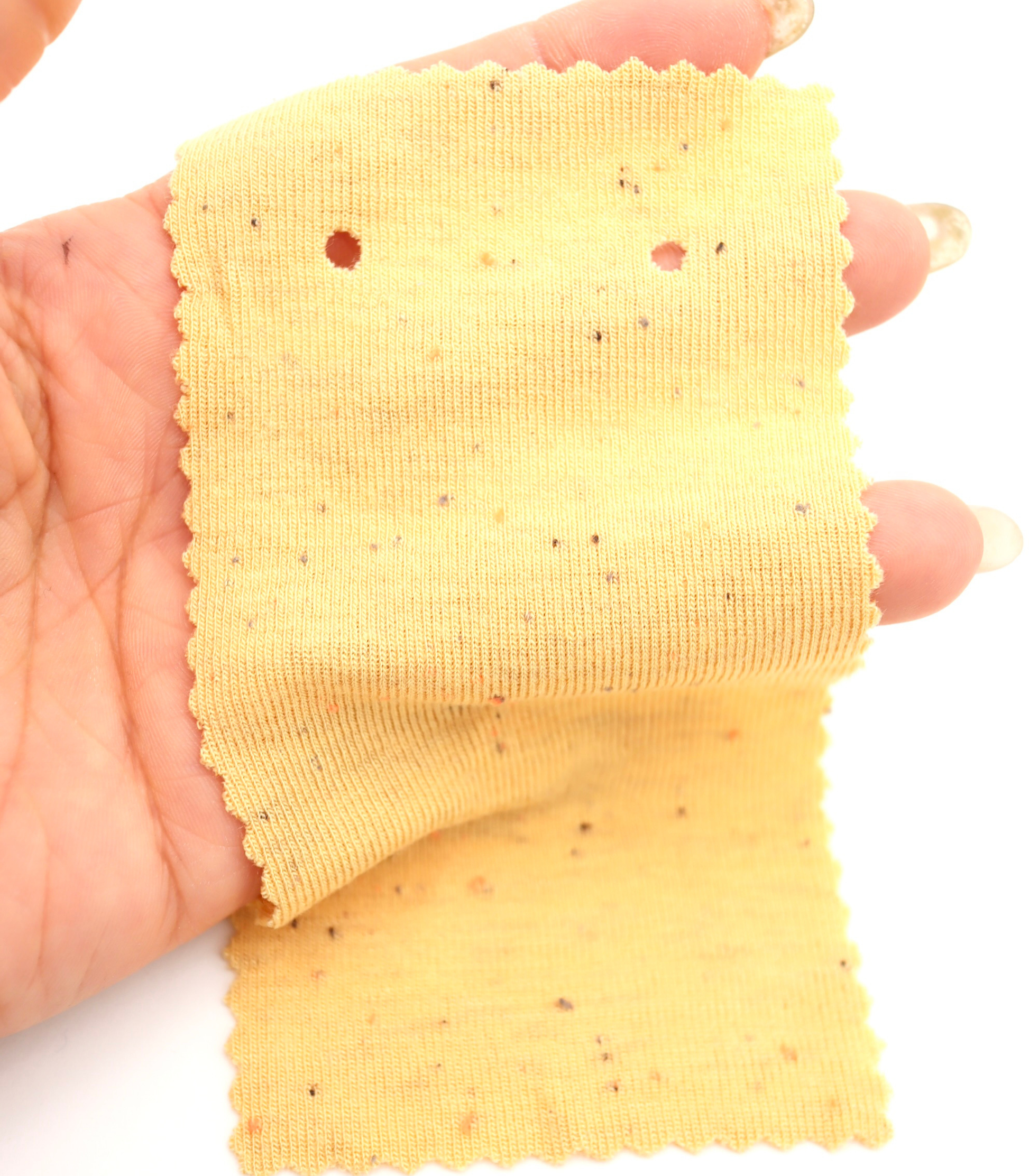 韓国生地カラフル糸入りつぶつぶフライス　イエロー　素材感