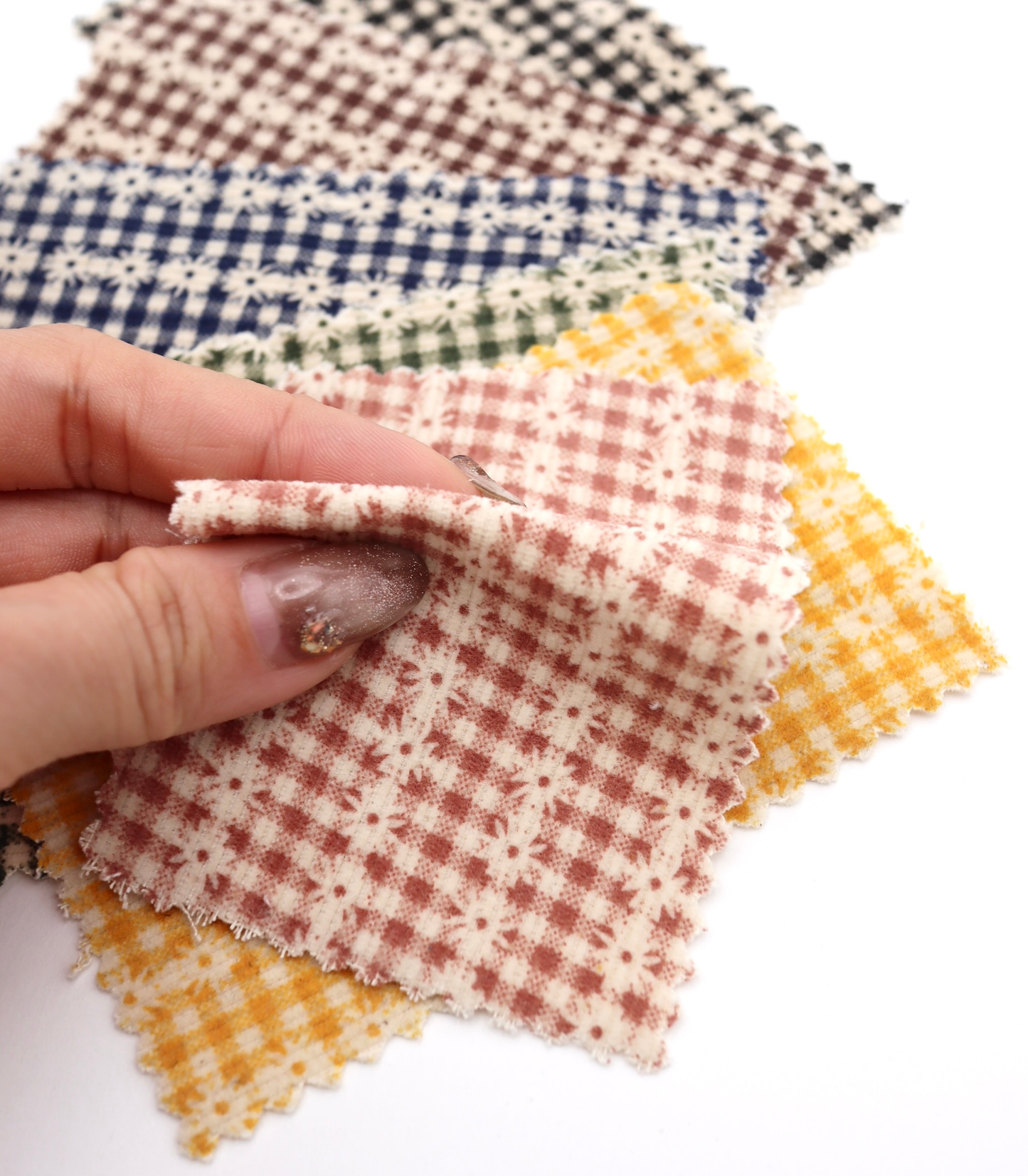 【25SS-129】小花ストライプ×ギンガムチェックプリントコーデュロイ　/0.5ｙあたり=～860円