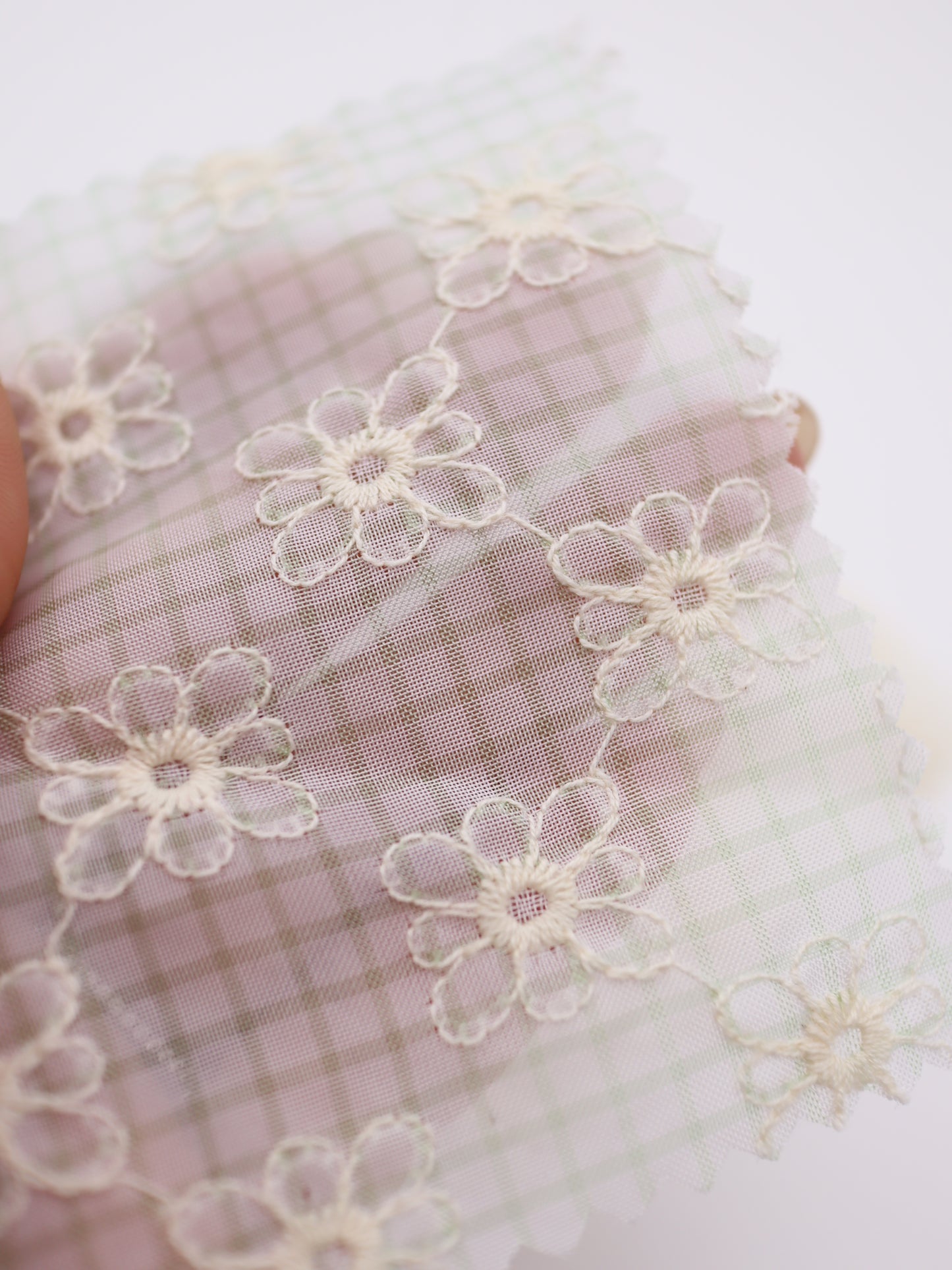 先染めチェック×精密フラワー刺繍ボイル生地｜【生地幅】約139センチ 【混率】ポリエステル100％｜ドッグウェア・春夏ブラウス・装飾オーバースカート向け