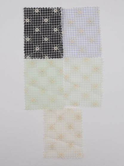 先染めチェック×精密フラワー刺繍ボイル生地｜【生地幅】約139センチ 【混率】ポリエステル100％｜ドッグウェア・春夏ブラウス・装飾オーバースカート向け