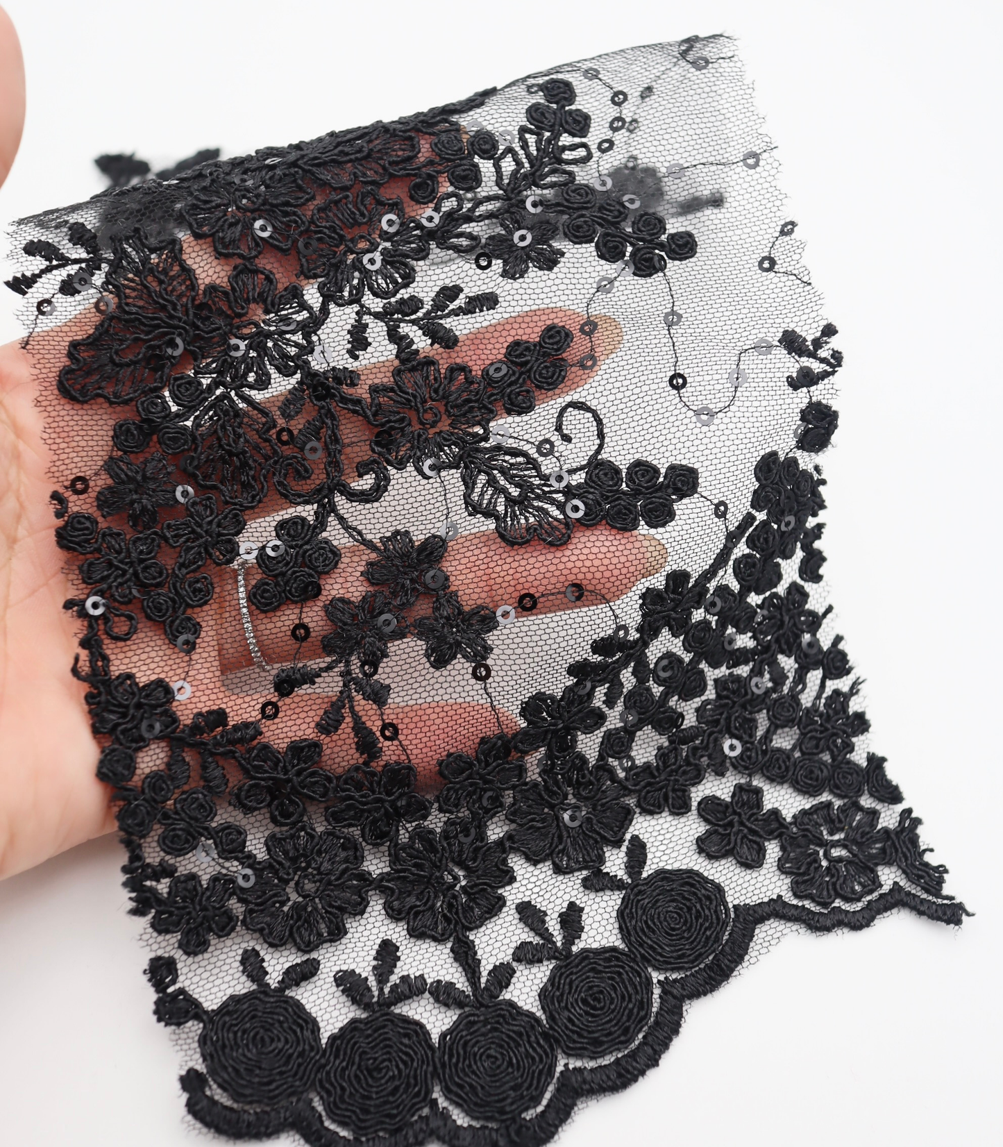 【25SS-389】スパンコール×フラワー刺繍スカラップ付きチュールレース　/0.5ｙあたり=～1645円