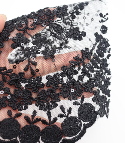 【25SS-389】スパンコール×フラワー刺繍スカラップ付きチュールレース　/0.5ｙあたり=～1645円