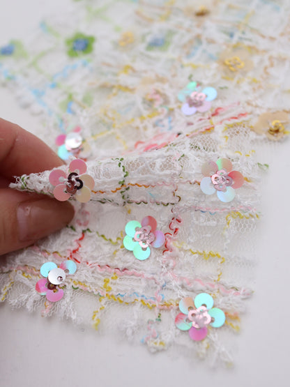 お花スパンコール＆スラブチェック刺繍チュール｜【生地幅】約144センチ 【混率】ポリエステル100%｜ドレス・衣装・雑貨向き｜26AW-300