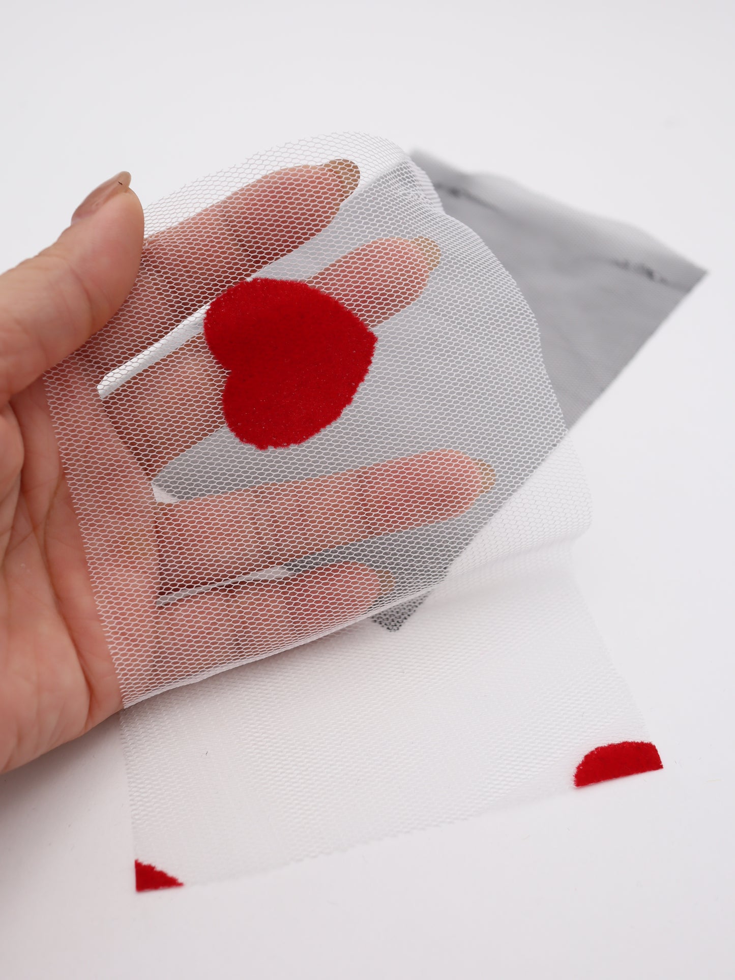 BIGハートフロッキープリントチュール｜【生地幅】約152センチ 【混率】ポリエステル50%ナイロン50％｜ドッグウエア・KIDSウエア・衣装・ドレス・雑貨向き｜26AW-278